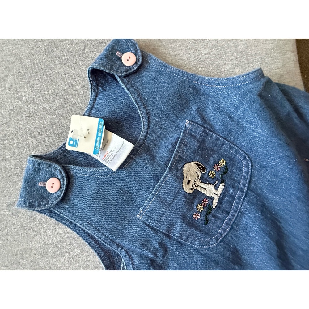 Vintage Peanuts Snoopy Denim Pinafore Dress 18 Months Blue Cotton Embroidered